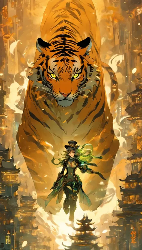 Chinese ink style，Steampunk world，Tiger-shaped steampunk warframe girl，Jet steam is suspended in the city air，Ink animation art，Ink comic art，water ink，ink，Smudge，8K，Delicately portrayed，Works of masters，greenish tinge