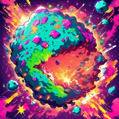 Ready-to-print vector art Colorful graffiti Illustration of an asteroid dragging a star with a chain, unique face, colores vibrantes, Hip Hop, Altamente detallado, con fondo degradado, verde menta, Estilo abstracto.