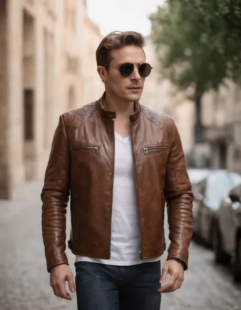 a man wearing a brown leather jacket and sunglasses, in the style of meticulous design, andrzej sykut, uhd image, clockpunk, studio photography, website, exacting precision