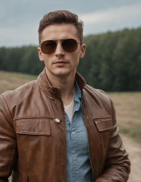 a man wearing a brown leather jacket and sunglasses, in the style of meticulous design, andrzej sykut, uhd image, clockpunk, studio photography, website, exacting precision