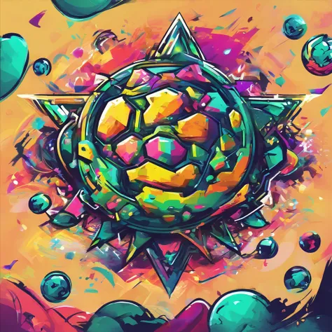 Ready-to-print vector art Colorful graffiti Illustration of an asteroid dragging a star with a chain, unique face, colores vibrantes, Hip Hop, Altamente detallado, con fondo degradado, verde menta, Estilo abstracto.