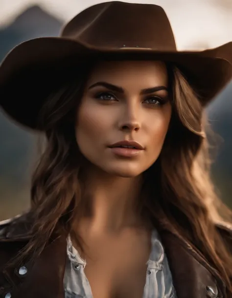 4k hltra hd, mastermiece, best quality, a girl, good face, detailed eyes, detailed lips, long hair, strait hair, wearing cowboy outfit, bare stomach,  leather jacket, cowboy hat, blurred background, morning, whole body capture,