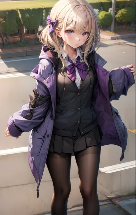 Black pantyhose, Bow, Collared shirt, hoods, hooded jacket, Jacket, Open your clothes, Open jacket, Open Shirt, pantyhose, Purple bow, Purple jacket, School uniform, Shirt, sleeves past wrists, Unbuttoned shirt, White shirt,