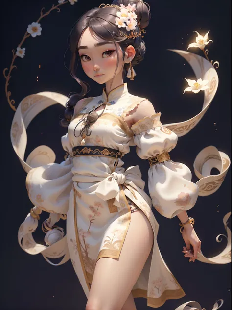 An ancient Chinese beauty，bun hairstyle, Light-colored hair，Delicate facial features, Clear facial features, Optimized details，Perfect detail for the eye，Dance，The ornate costumes are embroidered with intricate embroidery，A long transparent colored streame...