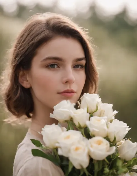 a boy is smelling a bouquet of flowers on her cheek, in the style of unicorncore, ready-made objects, ue5, modern photography, exotic, natural minimalism, uhd image  --ar 127:195 --v 5.1 --style raw