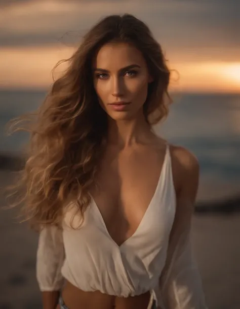 Full body photo of a stunning girl, Wear a low-cut top, very heavy bust, wavy hair, beside the beach, look at the camera, symmetrical eyes, symmetrical face, photorealistic, Filmmaker, Route tracking, specular lighting, Volumetric light for face, hair path...