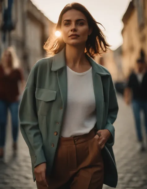 woman dressed casual, casual mood, with oversized retro clothes, walks in the street, low angle shot, half length shot, sunny day, high quality photo