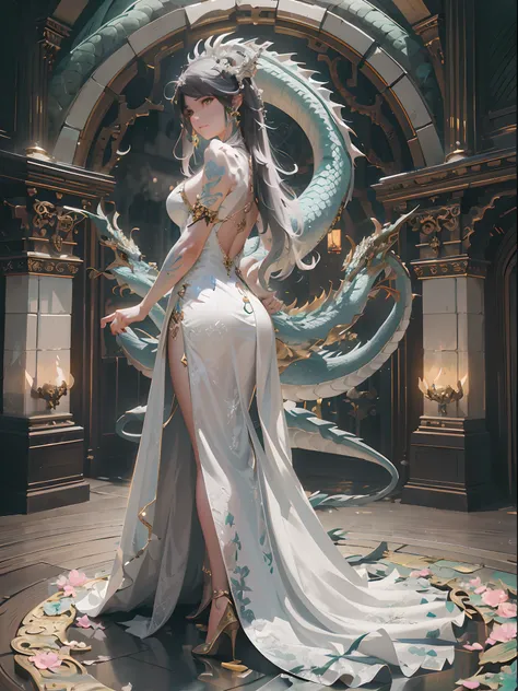 There was a woman in a dress standing in front of a dragon, stuning fantasy 3 d render, 3 D rendering character art 8 K, elegant cinematic pose, a beautiful fantasy empress, stunning cgsociety, ross tran and wlop, wlop and ross thran, elegant cinematic fan...