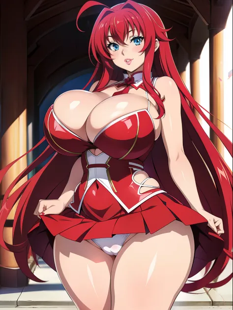 Highschool dxd, Rias Gremory, 1girl, (((bimbo))), blue eyes, puffy lips, painted lips, thick lips, wide hips, thick thighs, big breast, huge ass, revealing cleavage, erotic, smile face, bubble butt, camel toe, hitomi Tanaka breasts , huge breasts, skirt, w...