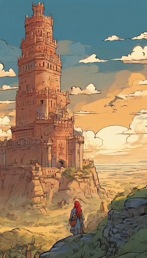 巨作, illustration, ((The huge giant military fortress of Babylon made of stone carving stands on a distant desert land)), (Tower of Babel), Pale blue sky, sunbeams, fog, shadow, Dark grass with stone, lodging, Wasteland, nature, (mountains), Unsaturated, (A...