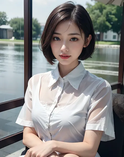 (8k, Best Quality, Masterpiece: 1.2), (Realistic, Photorealistic: 1.37), Super Detailed, 1 Girl, Cute, Alone, Beautiful Detailed Sky, Detailed Cafe, Night, Sitting, Date, ( Nose blush), (smile: 1.15), (close mouth) small breasts, beautiful details, (collar...