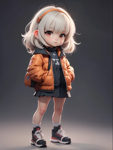 interesting，Realistic anime 3D style, Standing model little girl，Big bright eyes，Light-colored hair，Fine hair，Cool clothes,Detail and 8K resolution. Solid background pattern， (full bodyesbian, including legs: 1.5)