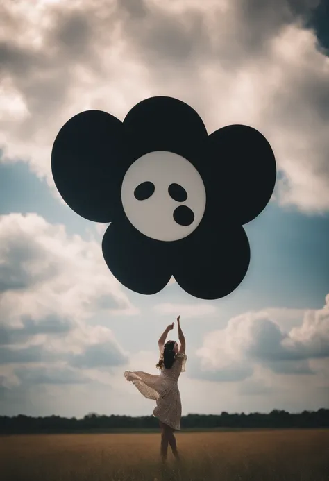 masterpiece, top quality, cinematic stills, one girl, floating in the sky, cloud girl, clouds, (close-up: 1.1), bright, happy, fun, soft lighting, (Bauhaus, shape, line, abstract: 1.1), panda ears