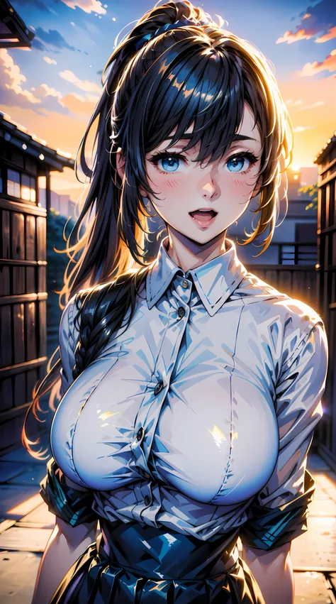 3d animation, (1girl:1.3, solo), (japanese school girl), (upper body:1.3), (She walks along the dimly lit path of the riverbank.:1.2), (random posing:1.3), highly detailed eyes and pupils, realistic skin, ((attractive body, gigantic breast:1.38, disproport...