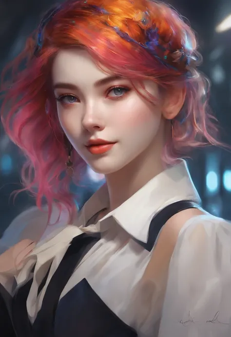 multicolored hair, mismatched pupils, light smile, Surrealism, Futurism, anime, Minimalism, Romanticism, Expressionism, Realism, diffraction spikes, masterpiece, high details, Best quality Beautiful girl