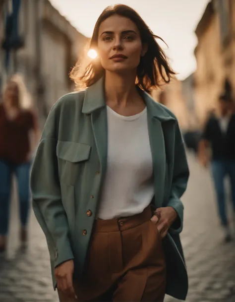 woman dressed casual, casual mood, with oversized retro clothes, walks in the street, low angle shot, half length shot, sunny day, high quality photo