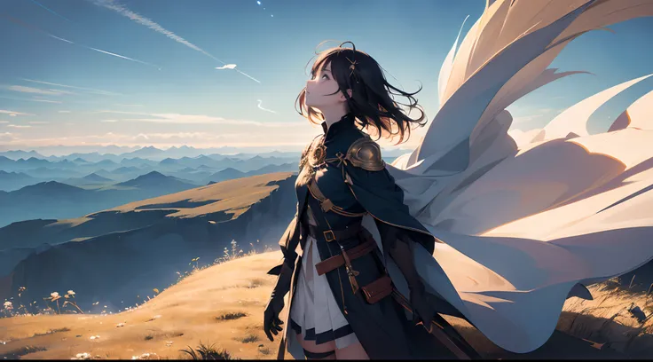 absurdres, highres, (official art, beautiful and aesthetic:1.2), close view,
shining sky, vast world, girl, gazing, awe-inspiring expression, distant horizon, clouds, high hill, natural beauty, inspiration, light effects,