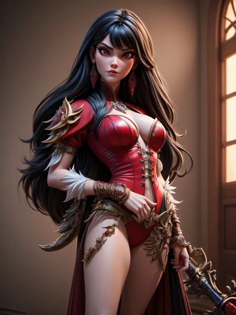 a 3D pixar animation style model shot of a Vampirella, a exquisite beautiful Vampirella (masterpiece, extremely detailed, best quality) LnF wearing red armor (masterpiece, extremely detailed, best quality), armed with long sword, white skin, black hair, ...