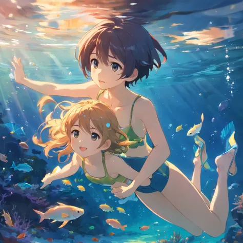 A boy and a girl swim at the bottom of the sea，dream magical，The fish