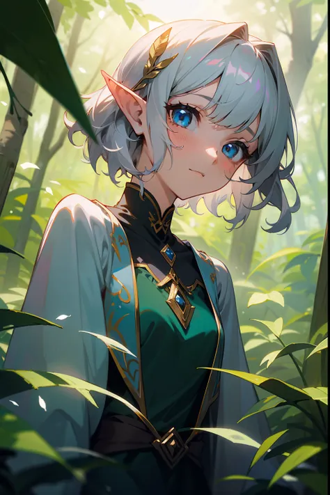 （tmasterpiece，best qualtiy）， 1girll， Complicated details， silber hair， leafs， wavy short cut hair， looks into camera， the elf， The upper part of the body， ln the forest， frilld， thin fog， beast ear，in wonderland