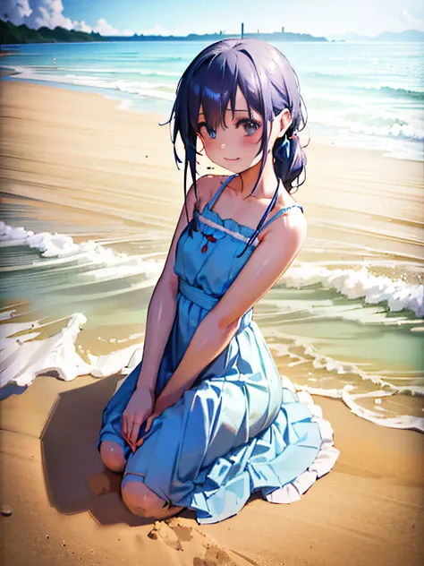 painting a little girl holding blue roses on the beach,blue sky,blue sea ancient vitz style artwork, guweiz in pixiv artstation,...