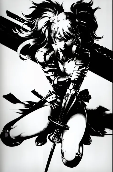 shinkawa youji, cyborg ninja, 1boy, cyborg, greyscale, girl focus, monochrome, ninja, solo, sword, weapon, ((masterpiece)), sexy, Lovely big Breasts