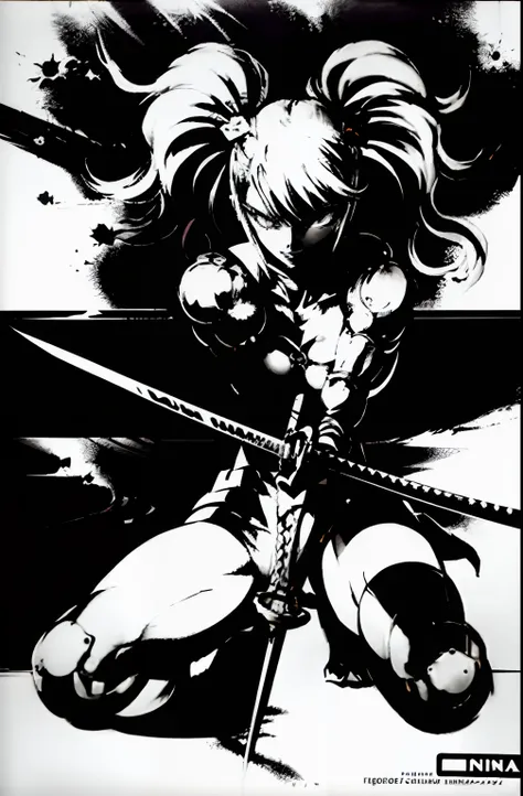 shinkawa youji, cyborg ninja, 1boy, cyborg, greyscale, girl focus, monochrome, ninja, solo, sword, weapon, ((masterpiece)), sexy, Lovely big Breasts