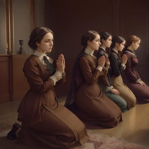 Several women in brown dresses are sitting on the floor praying, inspirado  kneeling prayer inside a room, photorealistic, Victorian era colors, photorealistic, imagem realista, 1890, 1900