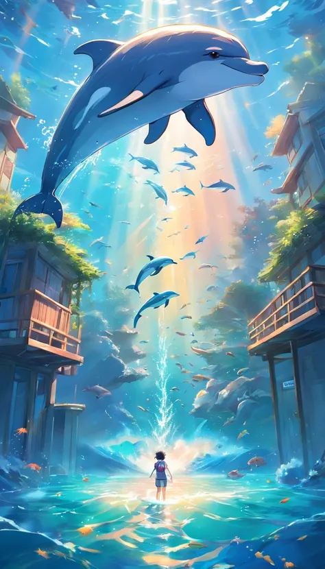 Painting of dolphins swimming in colorful ocean, Look up at the composition, Jellyfish and whales, Inspired by Cyril Rolando, A beautiful artwork illustration, author：Shitao, colorful concept art, Makoto Shinkai Cyrillo Rolando, In the style of Cyril Rolan...