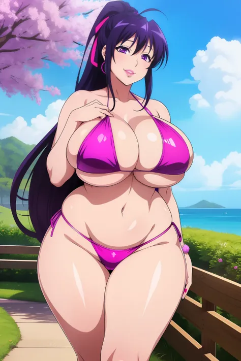 Akeno Himejima, 1girl, (((bimbo))), purple hair, purple eyes, ear rings, (((bimbo))), puffy lips, painted lips, thick lips, smile face, wide hips, thick thighs, huge round ass, huge natural Hitomi Tanaka breasts, bikini, walking, looking back