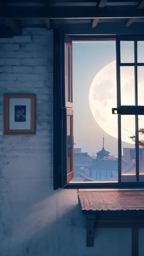 The wall has a window，There was a full moon in the window，There is a white box on the wall，Mid-Autumn Festival poster，the night