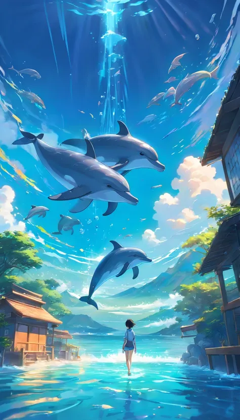 Painting of dolphins swimming in colorful ocean, Look up at the composition, Jellyfish and whales, Inspired by Cyril Rolando, A beautiful artwork illustration, author：Shitao, colorful concept art, Makoto Shinkai Cyrillo Rolando, In the style of Cyril Rolan...