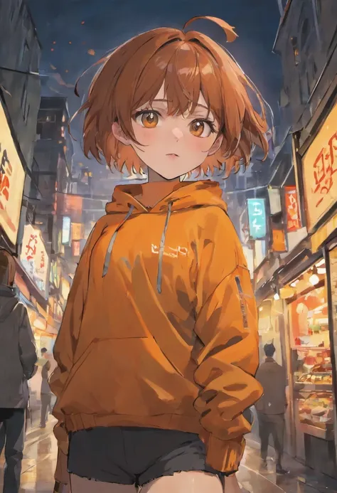 youthfulness！！！！short brown hair, slightly fried hair, Wolf ears, Orange sweatshirt, White quick-drying pants, Selfie stick, playful expression, High quality, masutepiece, dark orange eyes, Highly detailed eyes, medium shot, City Background