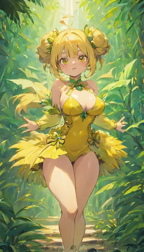 (JaneWaifu:1), surprised, cute, cute pose, looking at viewer, thick thighs, (yellow dress:1.2), (hair bun) :D, curvy, (realistic:1.2), (realism), (masterpiece:1.2), (best quality), (ultra detailed), (8k, 4k, intricate),(full-body-shot:1),(Cowboy-shot:1.2),...