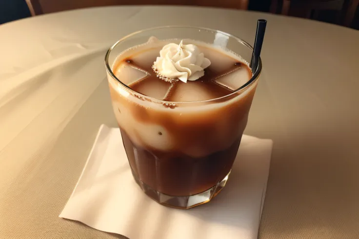 Iced coffee in a glass、on table、Small bouquet、natural soft light、photos realistic、Less shading