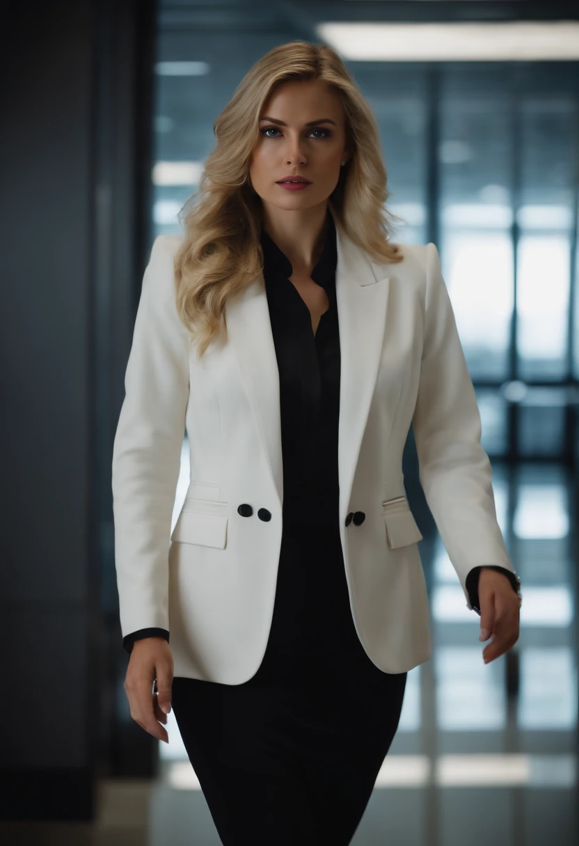 full body Ultra realistic image of a beautiful blonde woman, light eyes, dressed in a formal ensemble with a white blazer with black details, walking into an office on the 39th floor, frightened expression.