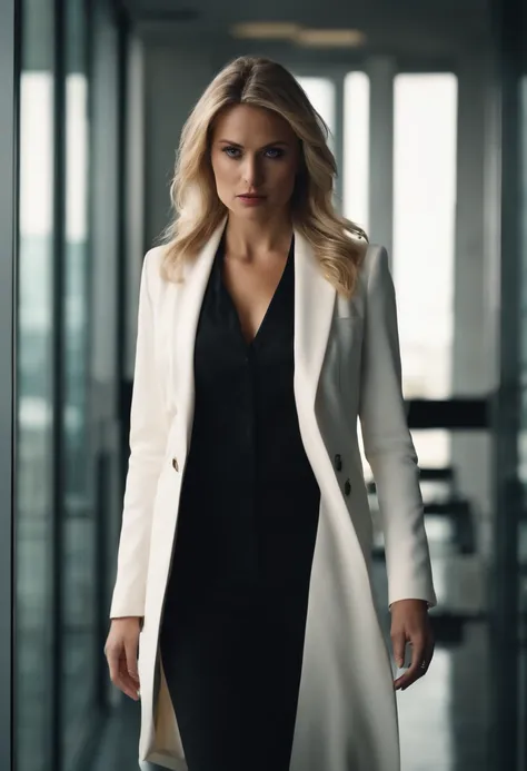 full body Ultra realistic image of a beautiful blonde woman, light eyes, dressed in a formal ensemble with a white blazer with black details, walking into an office on the 39th floor, frightened expression.