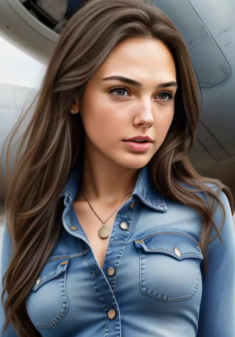 (Create a realistic portrait of a girl in jeans, next to the plane, hands inside pocket), [young Mila Kunis: young Gal Gadot:0.5], (((Full-length)))+++ Highly detailed face, Highly detailed eyes, pouty lips, straight nose, a pumped-up body