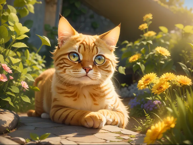 A round-eyed yellow cat, In the garden, and the sun was shining brightly, Far Mountain, Blue sky,  the detail， 4K， k hd， high high quality.