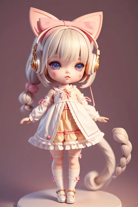 A cute BJD doll，Authentic cloth texture，Real strands of hair，short detailed hair，Two-headed body，Wearing cat ear headphones，Has a long cats tail，A bow is tied around the tail，Full body medium composition