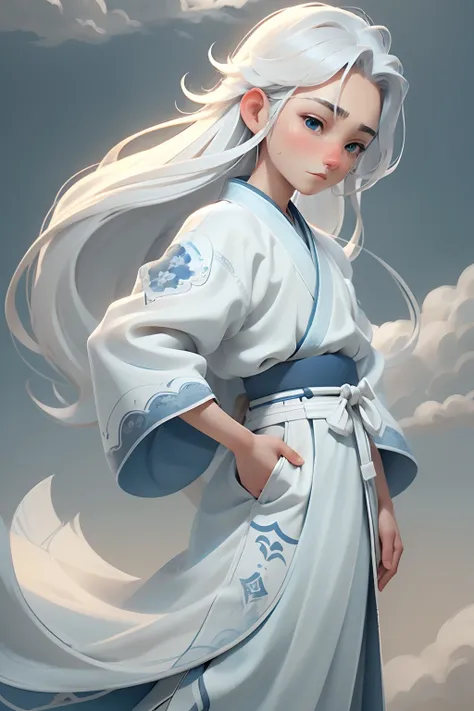 Young boy，Exquisite blue and white Hanfu, Holding a long sword in his hand，Calm face, Clear facial features, Clear  eyes，Optimized details，Clear appearance, long whitr hair,  Stand on a high mountain，Green mountains and white clouds background，Open scenery...