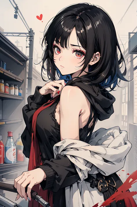 An anime girl with short black hair dyed red, Black eyes and cold facial features, She wears a black hoodie