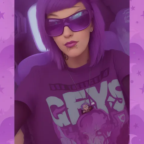 arafed woman in a car wearing a grey shirt and sunglasses, alex yanes and lisa frank, style alex gray, dressed in crustpunk clothing, wearing purple undershirt, dark purple hair and cybernetics, profile picture 1024px, she has purple hair, taken in the ear...