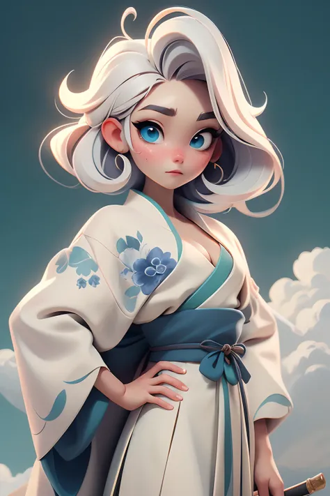 Young boy，Exquisite blue and white Hanfu, Holding a long knife in his hand，Calm face, Clear facial features, Clear  eyes，Optimized details，Clear appearance, long whitr hair,  Stand on a high mountain，Green mountains and white clouds background，Open scenery...