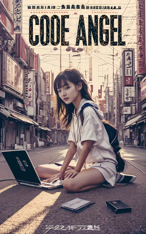 movie photography movie posters, 13-year-old girl sitting at a shrine in the valley between buildings in akihabara, tokyo prefec...