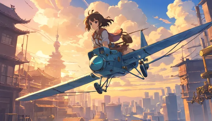 Chinese ink style，Steampunk world，Girl piloting steampunk flying machine，Suspended in the city air，Thick clouds，Ink animation art，Ink comic art，water ink，ink，Smudge，8K，Delicately portrayed，Works of masters，