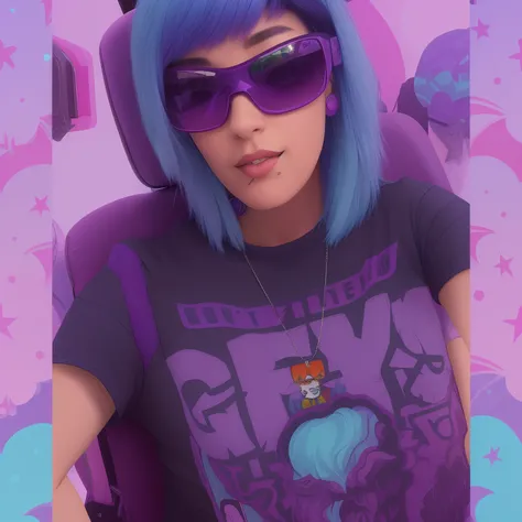 arafed woman in a car wearing a grey shirt and sunglasses, alex yanes and lisa frank, style alex gray, dressed in crustpunk clothing, wearing purple undershirt, dark purple hair and cybernetics, profile picture 1024px, she has blue hair, taken in the early...