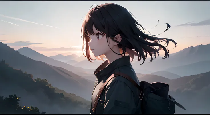 absurderes、hight resolution、(Official Art、Beautifully Aesthetic:1.2)、Close View、4K
Shining sky、Vast world、girl with、Staring、awe-inspiring expression、Distant horizon、​​clouds、High hills、natural beauty、inspiration、Light Effects、