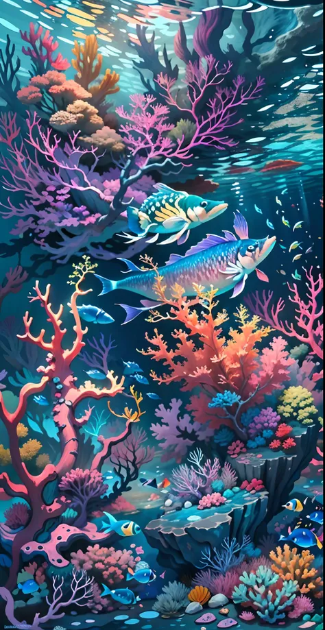 Conceptual art of marine life, Undersea landscape, Marine life，Beautiful coral reefs come in different shapes, 3D，, Fish, Female (full body) animated fantasy illustration. Long purple hair scattered in the sea, seductive blue eyes, Drift, Very harmonious. ...