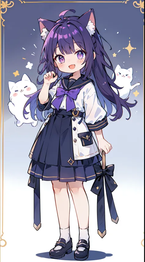 1 girl in、((full bodyesbian、Standing picture:1.2)), top-quality、Masterpiece、Purple hair, Longhaire, Two knots, cat ear、Black sailor suit、Purple Ribbon、a smile、Cat Pose、A smile that opens its mouth a little、white backgrounid